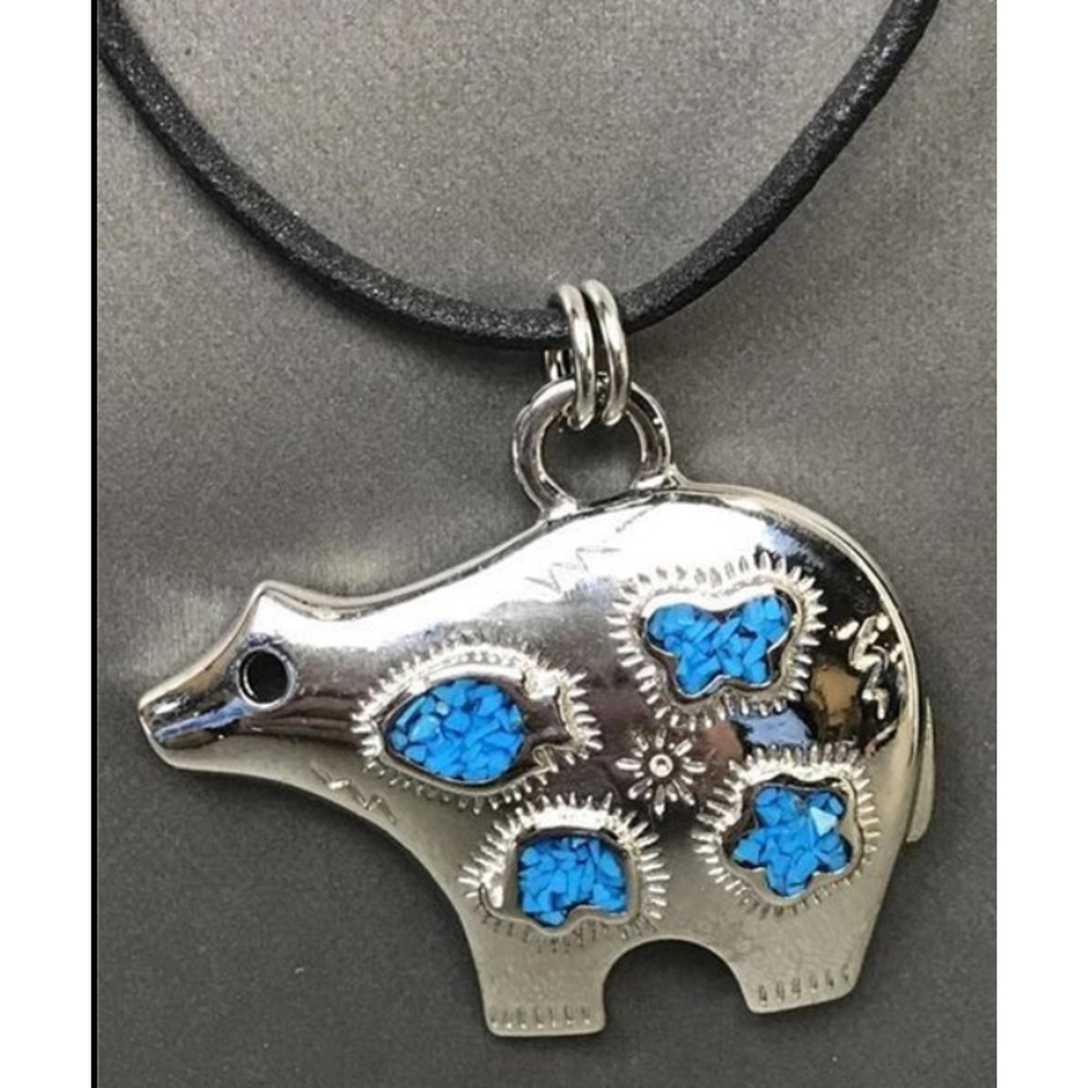 Trifari Navajo Spirit Bear Necklace Pendant on Leather Tie Cord 1993